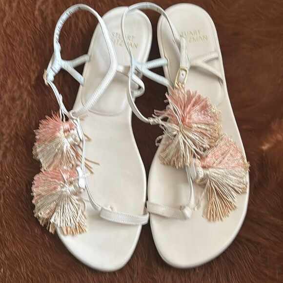 Stuart Weitzman Jabow Flat Tassel Pom Pom Sandals Nude Leather Womens Size 10 M - Picture 2 of 7